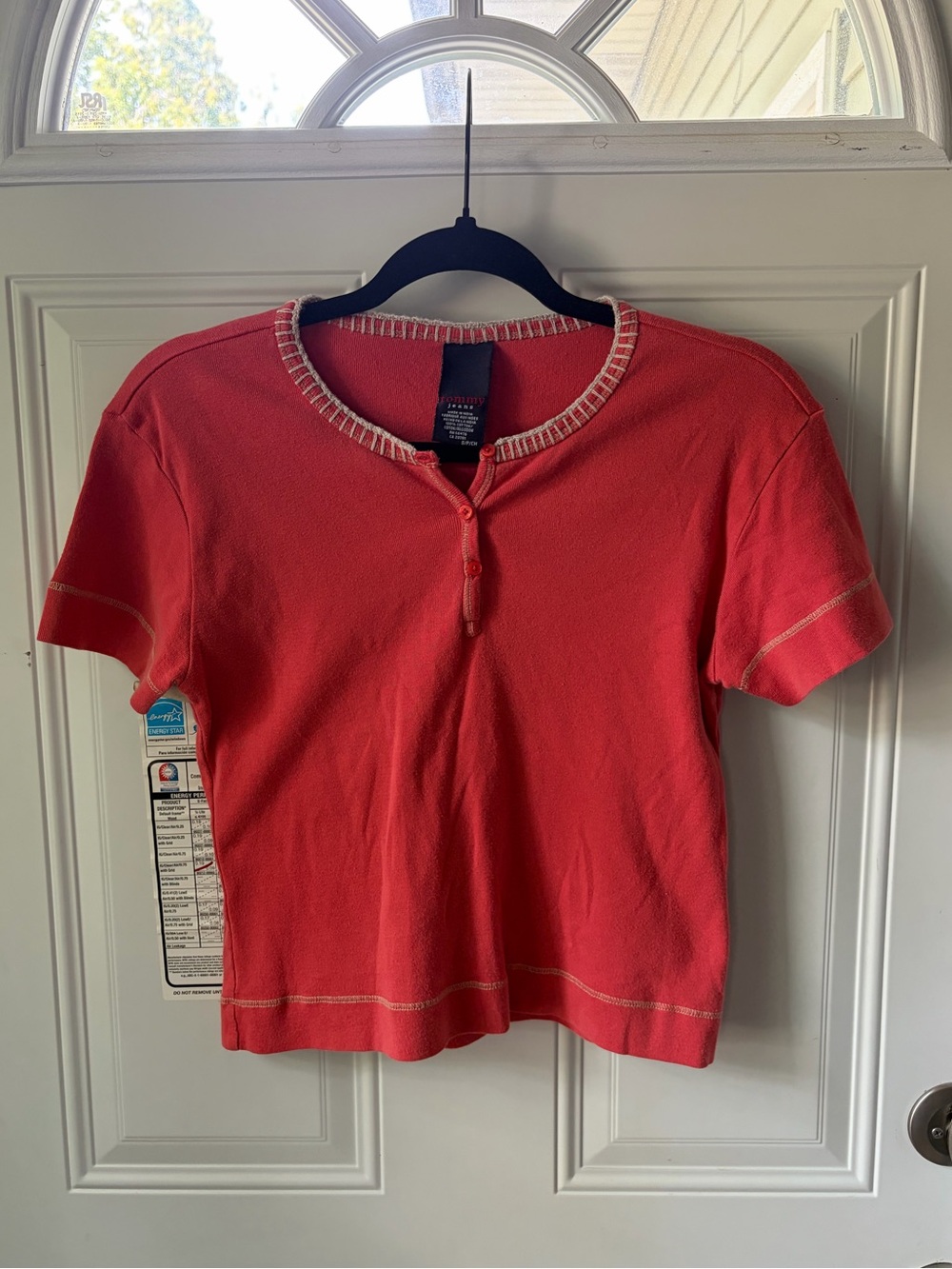 Vintage Tommy Jeans Coral Red Crochet Trim Short Sleeve Henley